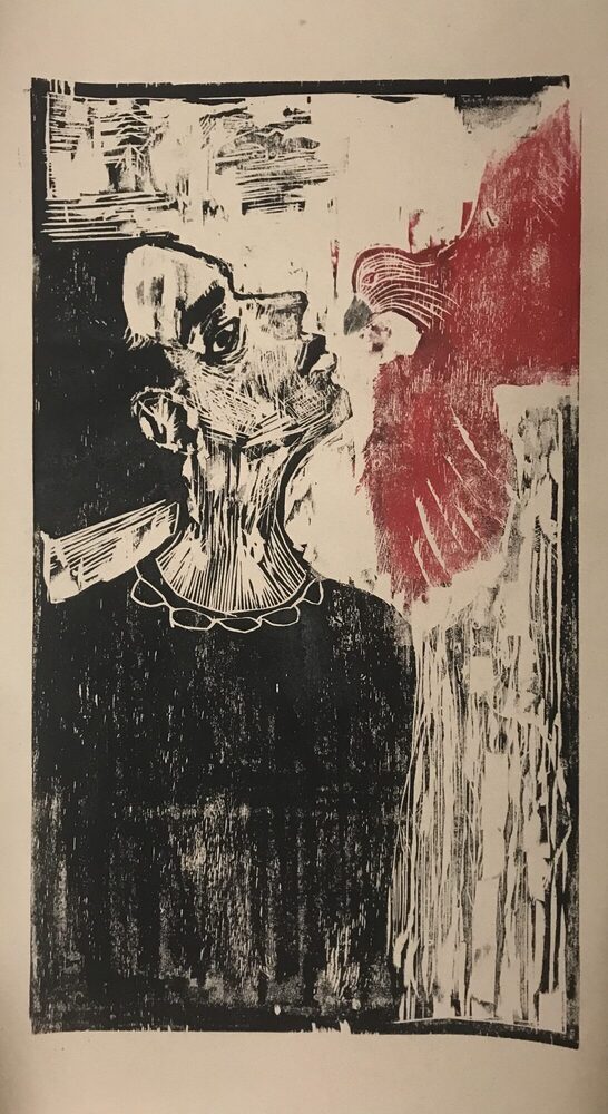 Frau und Vogel, 2020, Holzschnitt, 40 × 60 cm